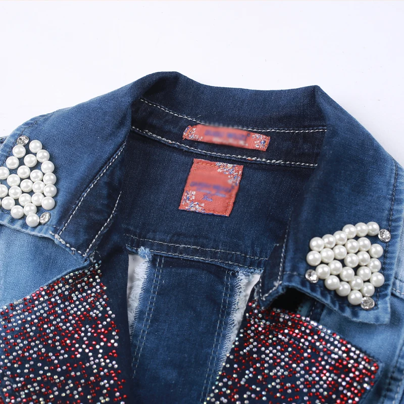 Винтаж Жемчуг Алмазы Джинсовая Куртка Без Рукавов Ретро Отверстия Омывается