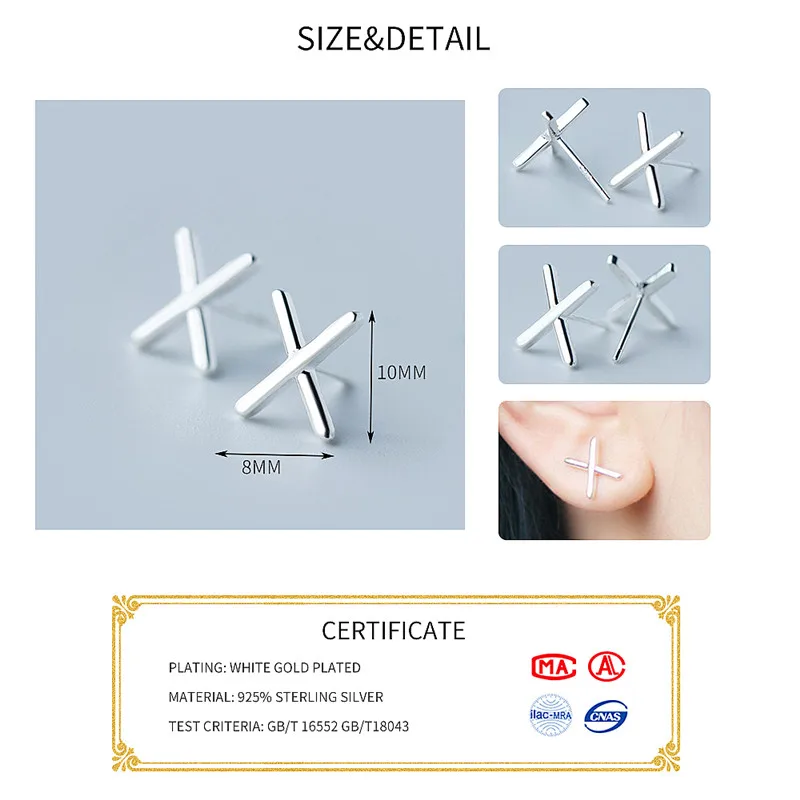 INZATT Tiny Letter X Shape Simple Real 925 Sterling Silver Stud Earrings Personnity Pin Tragus Piercing Small Fine Jewelry Gift