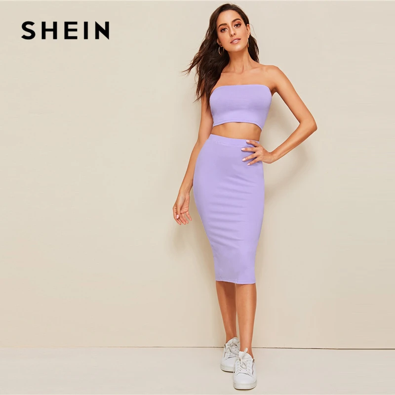 SHEIN комплект из топа бандо и юбки-карандаша с разрезом,, фиолетовый, однотонный, без бретелек, без рукавов, сексуальный летний облегающий комплект из двух предметов