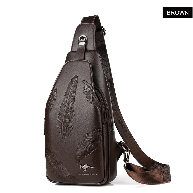 High quality Men Leather Chest Bag Business Fashion Waterproof Cycling Shoulder Bags External Headset Charge Hole Crossbody Bag - Цвет: Коричневый