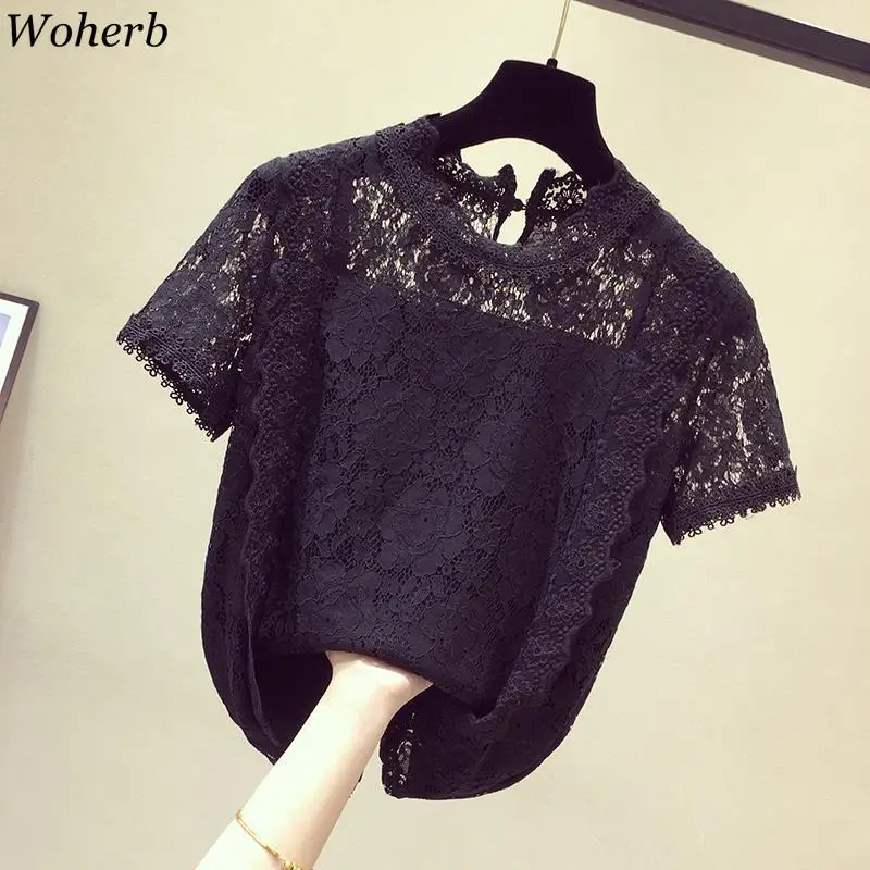 Woherb элегантное, цветочное, кружевное блузка рубашка Для женщин в Корейском стиле, модный короткий рукав Белая Блузка Летняя Открытая блуза