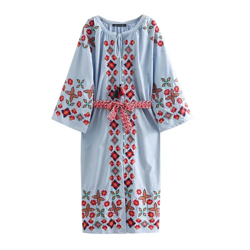 Женское платье до середины икры с цветочной вышивкой Boho хлопковое богемное