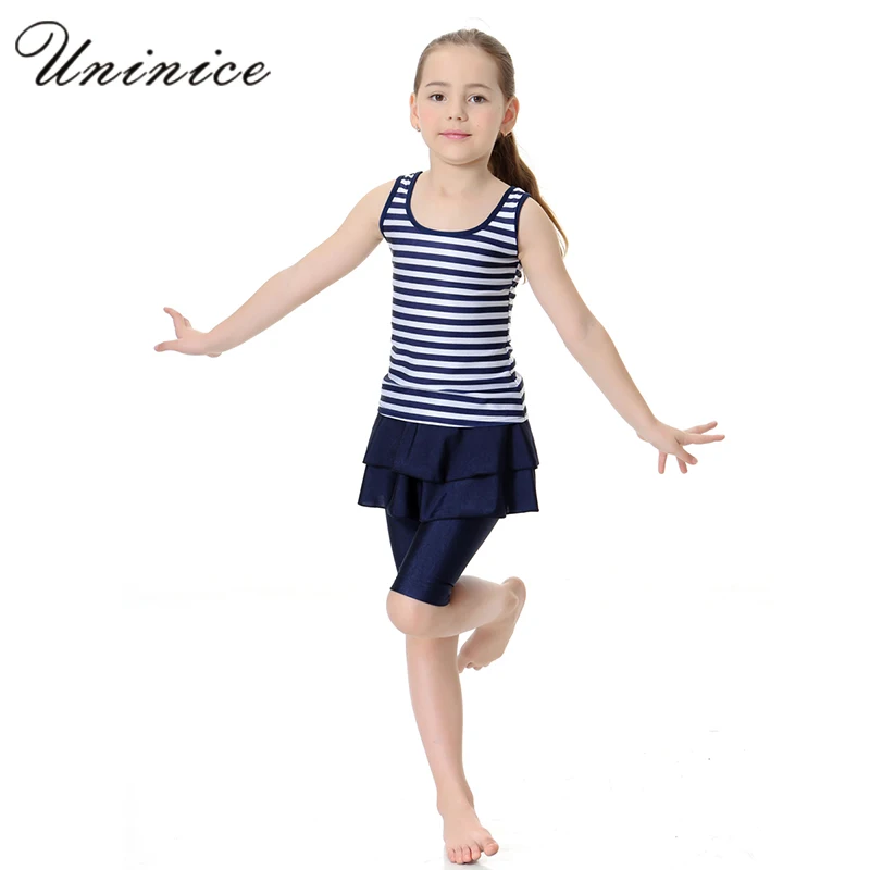 Мусульманские Купальники для детей Полосатая майка одноцветная юбка Капри