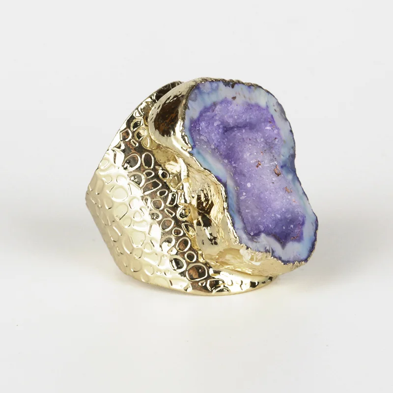 geode purple Чистый золотой цвет грубый сырой оранжевый геодезический кварц кристалл Друза камень ломтик бисера Шарм Регулируемый Открытый чеканка кольцо манжеты для женщин - Цвет основного камня: geode purple