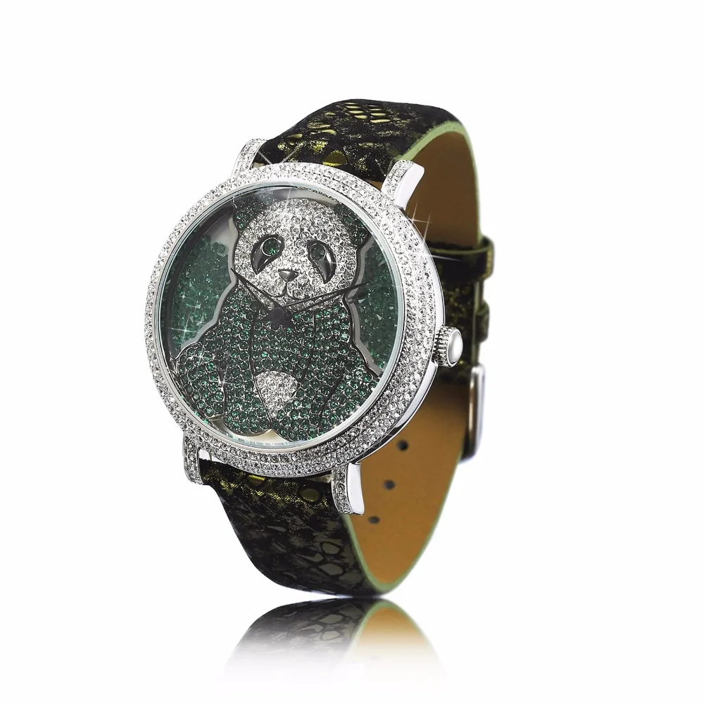 Princess Butterfly часы женские Бабочка Фиолетовый Кристалл Милая панда водонепроницаемые кожаные кварцевые маленькие роскошные - Цвет: Green Dial Watch