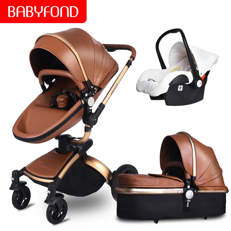 G-Brown 3 in 1 B Кожаная детская коляска 3 в 1, Двусторонняя подвеска, 2 в 1, коляска, Европейское безопасное автомобильное сиденье, люлька для новорожденных, поставляется с зонтиком - Цвет: G-Brown 3 in 1 B