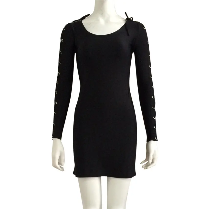 Женское короткое платье с круглым вырезом длинным рукавом и складками|Женские