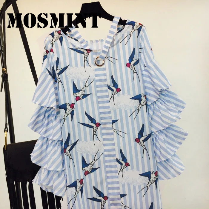 MOSMINT Swallow Birds Ruffles Flare Sleeve Stripes Short Dress Women 2017 Autumn Vintage Fashion Loose Mini Female Tops | Женская одежда