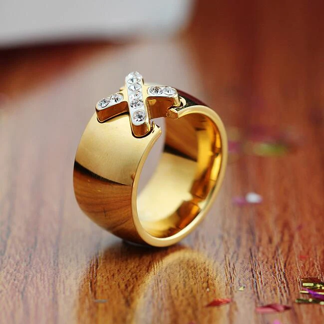 Новое поступление, Золотое кольцо Bijoux, ширина 14 мм, Большой Крест CZ, кольцо для женщин, модное ювелирное изделие,, подарок