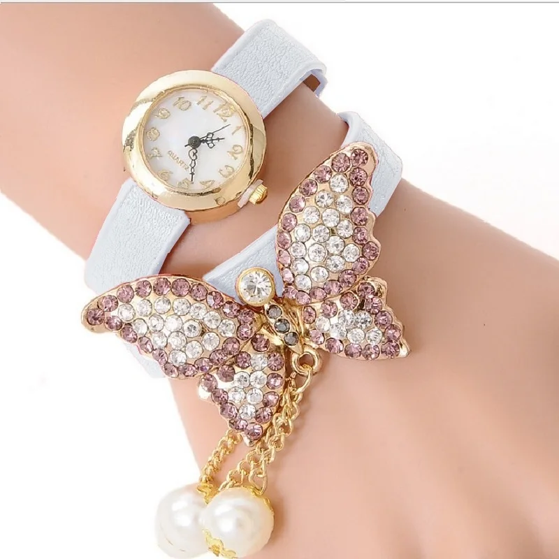 Gnova Платиновый Кристальный ремешок с бабочками женские часы жемчуг шарм браслет