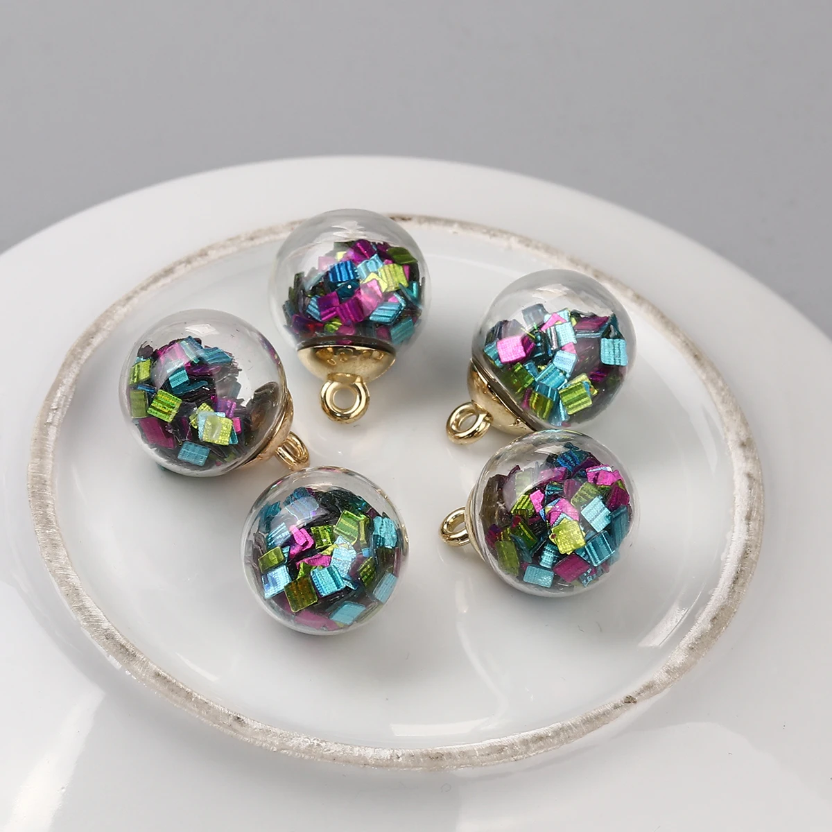 

Zinc Based Alloy Transparent Glass Globe Bubble Bottle Charms Round Watermelon Red AB Rainbow Color Sequins 21mm x 16mm, 10 PCs