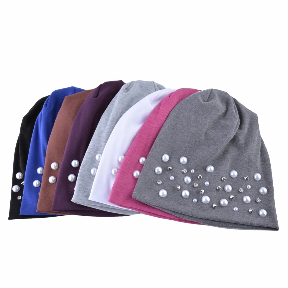 

Casual cotton hats for women winter beanies autumn rhinestone hat Ladys pearl caps girls Turban cap Double Layer Skullies bone