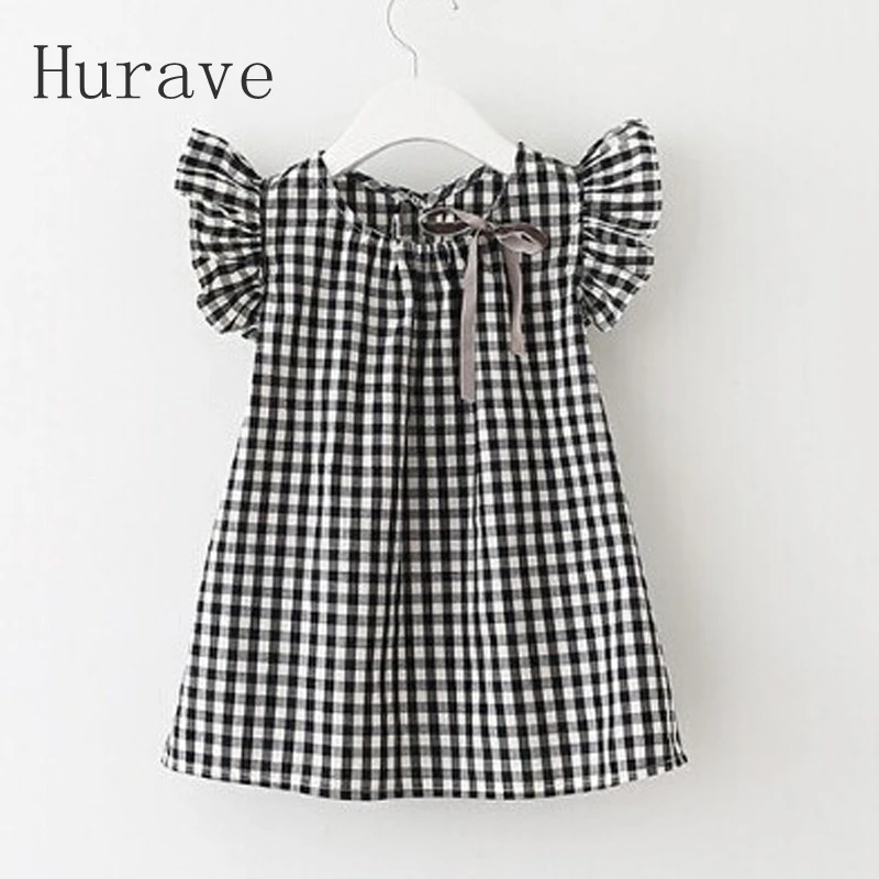 Hurave Summer Style New Fashion Black White Plaid Girl Dresses Puff Sleeve Baby Kids Clothing Casual Dress Vestidos | Детская одежда и