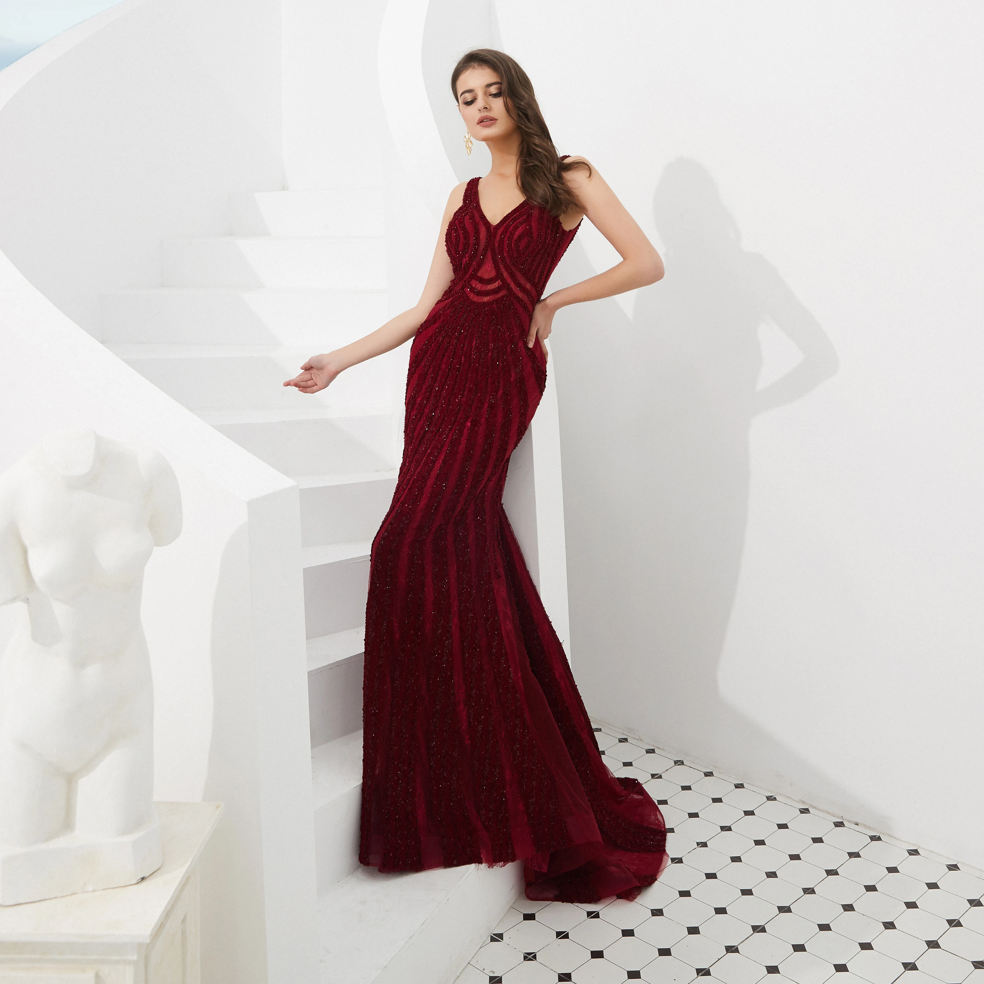 JaneVini 2019 роскошное дубайское длинное бордовый вечернее платье с v-образным
