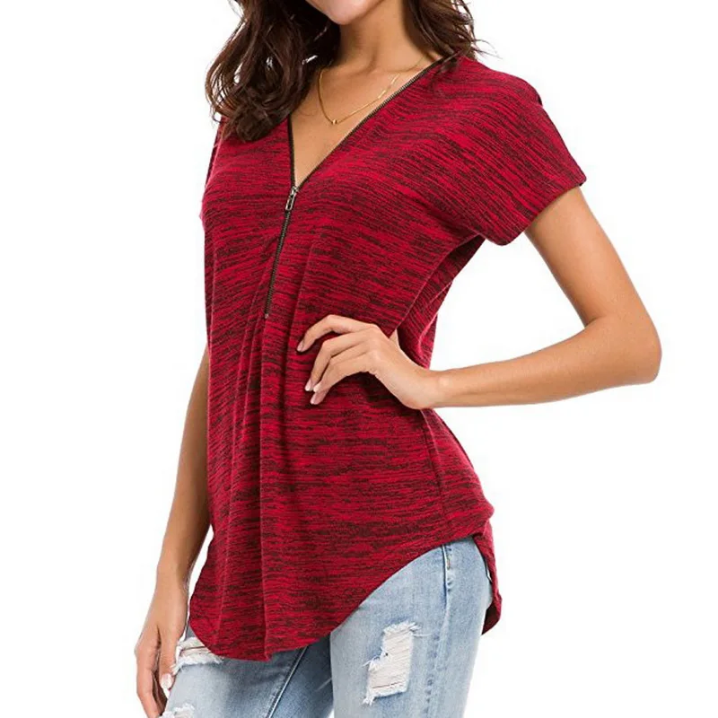 Женские Модные хлопковые трикотажные футболки на молнии с короткими рукавами 2019