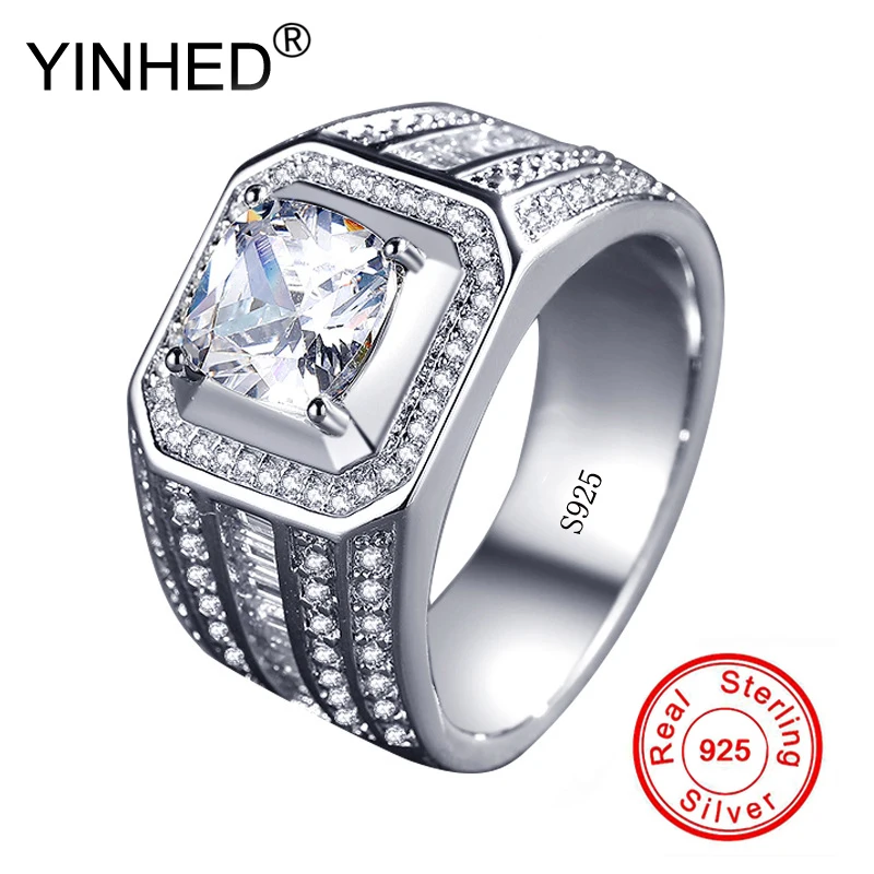 

YINHED Fashion Men Jewelry Big 2 Carat 8MM White Zircon Engagement Rings 925 Sterling Silver Wedding Rings Party Rings ZR587