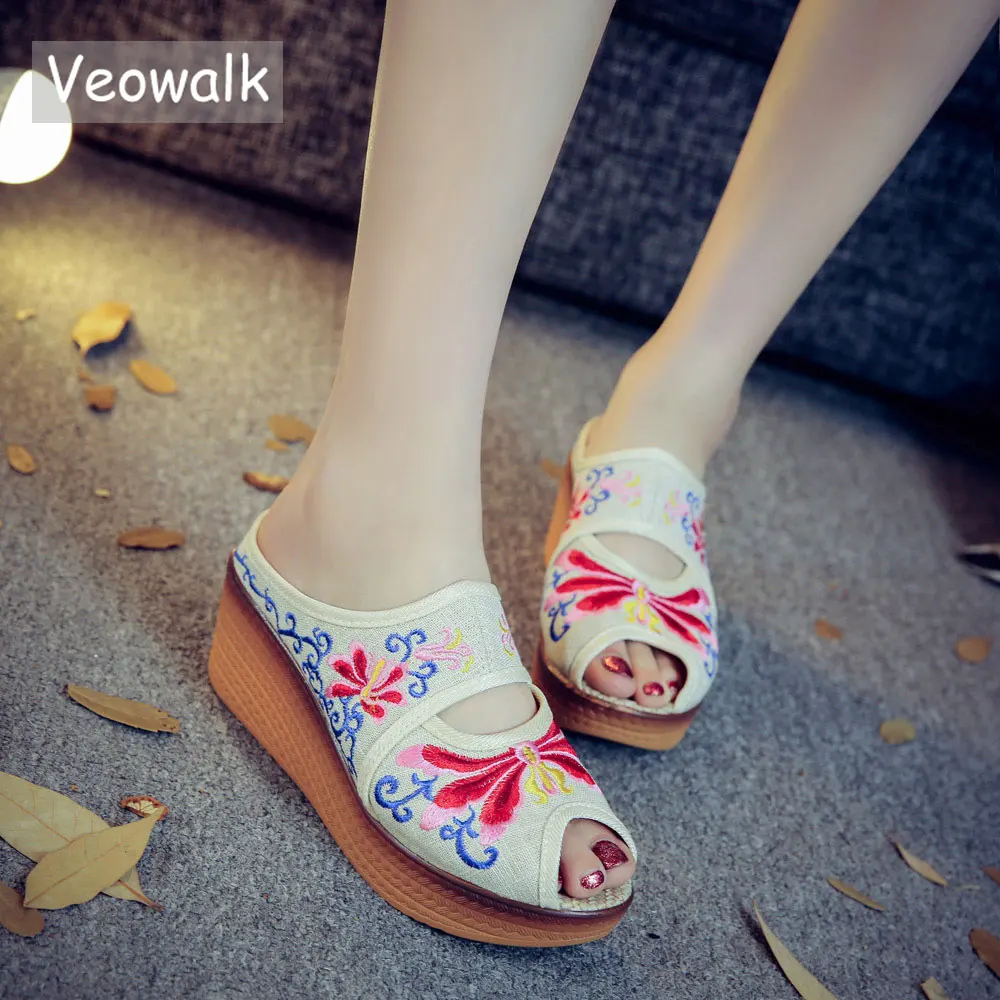 Женские холщовые туфли ручной работы Veowalk винтажные удобные льняные с вышивкой