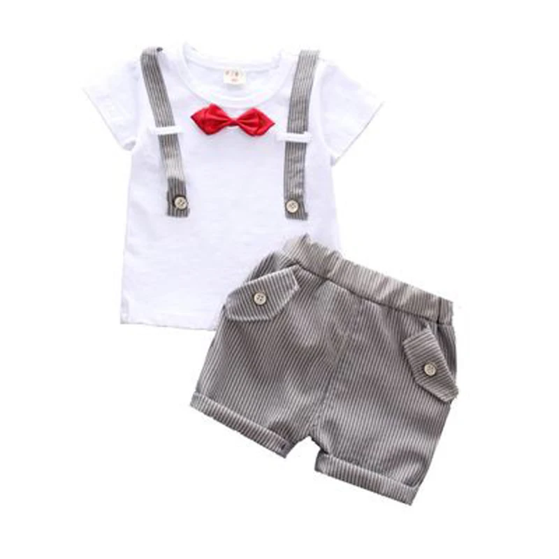 

R&Z children's suit 2019 summer boy suit middle child cotton bow tie T-shirt fake strap striped shorts two-piece