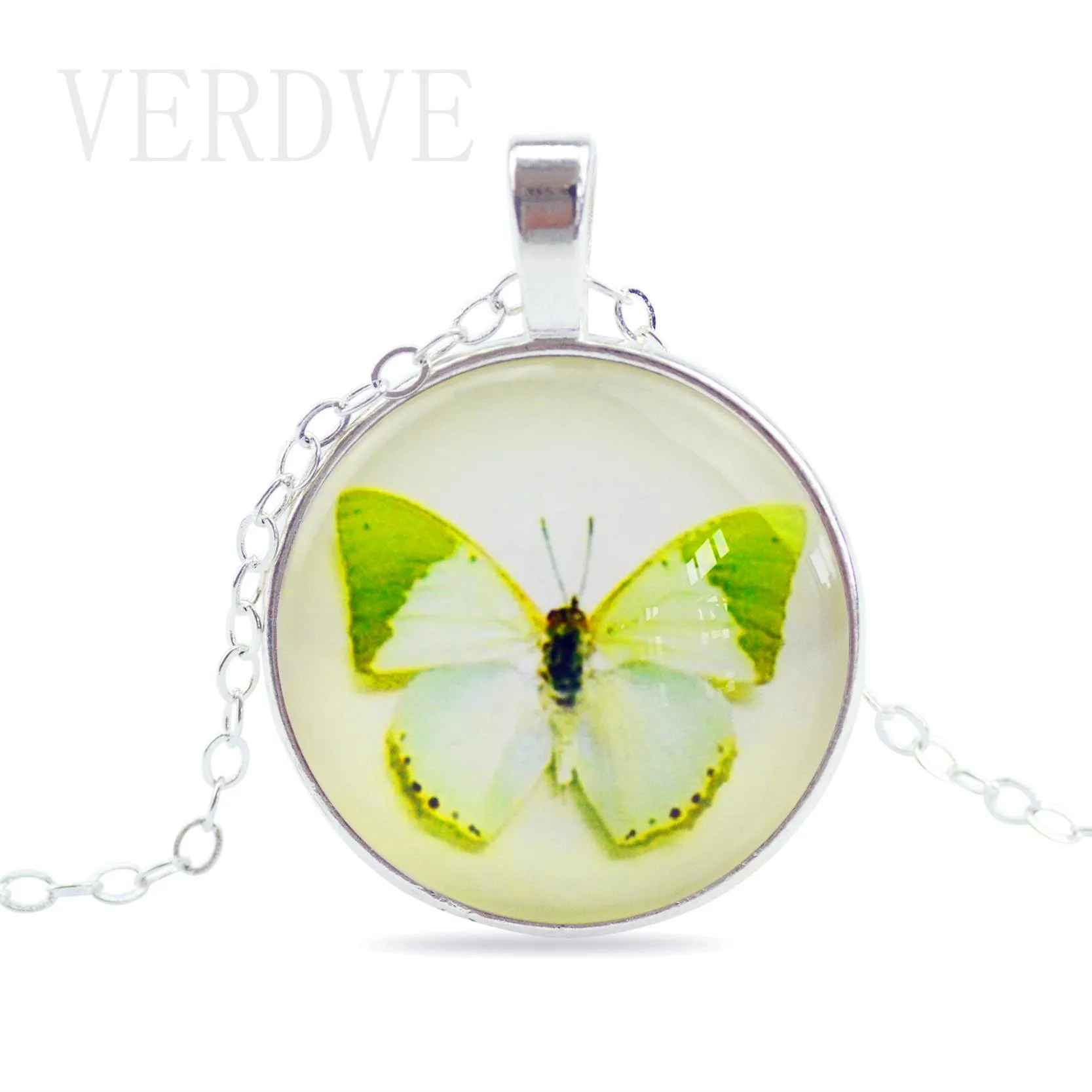 VERDVE Vintage Fine Jewelry Glass Cabochon Necklace&ampPendant Butterfly Statement Chain Necklace Silver Color Women | Украшения и