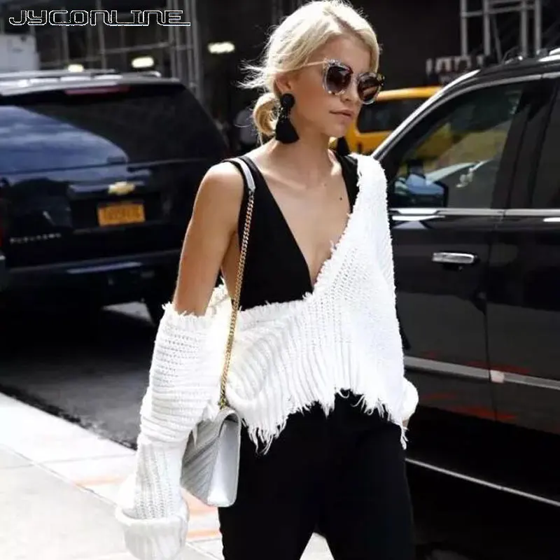 Сексуальный вязаный свитер JYConline женский джемпер черный белый рваный пуловер с