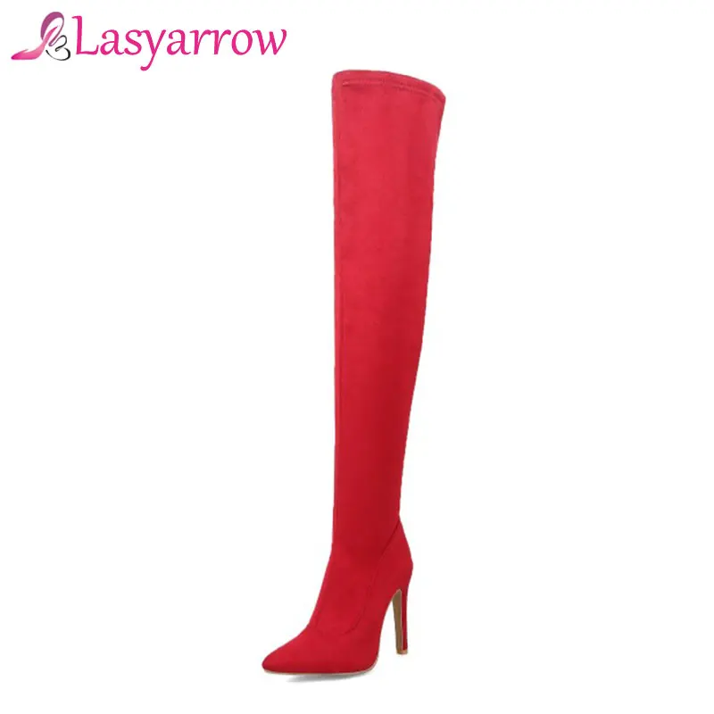Lasyarrow Sexy Тонкий Ботфорты Для женщин черный красный высокие сапоги на шпильках из
