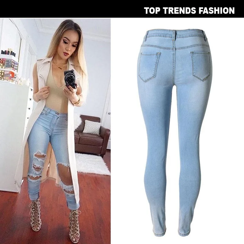 Женские джинсы с дырками и высокой талией Синие рваные feminino roupa feminina 2787 | Женская