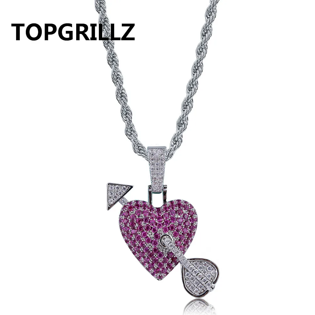 Silver Iced out твердое сердце ожерелье и кулон со стрелой Золото Серебро Цвет Bling кубический циркон Мужская хип-хоп цепочки ювелирные изделия для подарка - Окраска металла: Silver