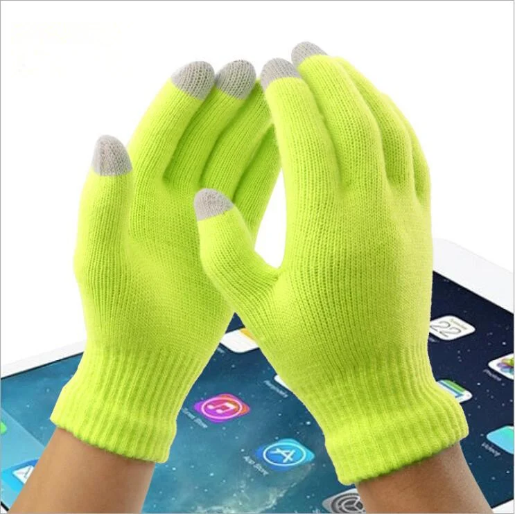 Fluorescent green Зимние перчатки для сенсорного экрана утолщенные теплые шерстяные кашемировые однотонные перчатки мужские и женские вязаные перчатки - Цвет: Fluorescent green