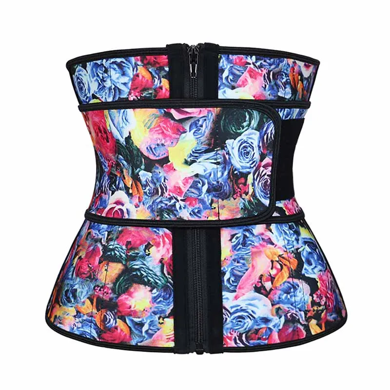 Rose Print Atbuty Высокая компрессия Талии Тренажер Cincher молния Роза Печать животик похудение латекс Корректирующее белье Корсеты - Цвет: Rose Print