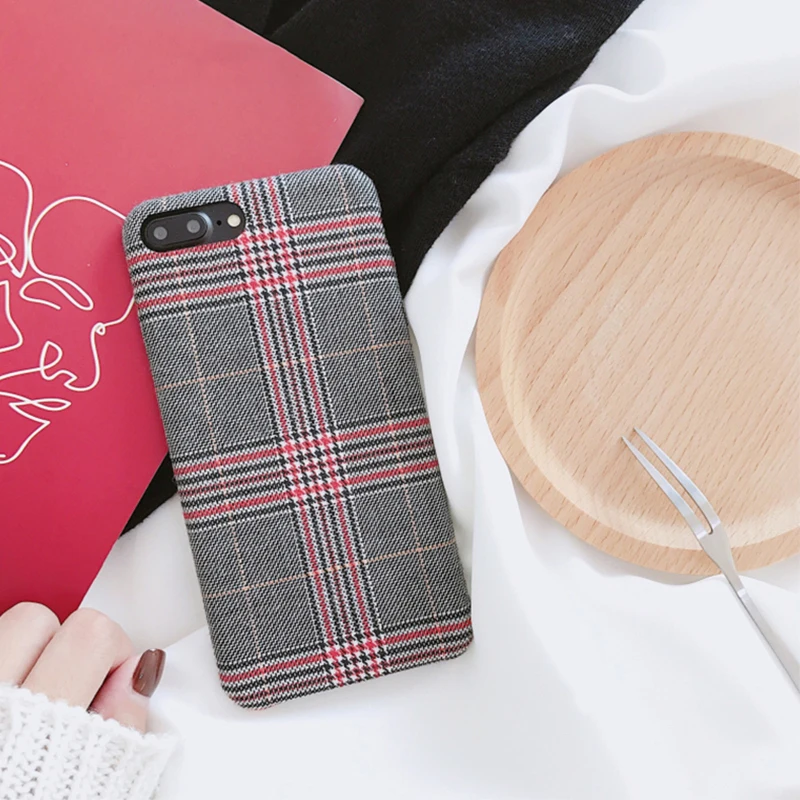New Arrivals Lattice Pattern Retro Phone Case for iphone 6 6s 7 8 plus X Soft Fabric Checks Striped Couples Style C |