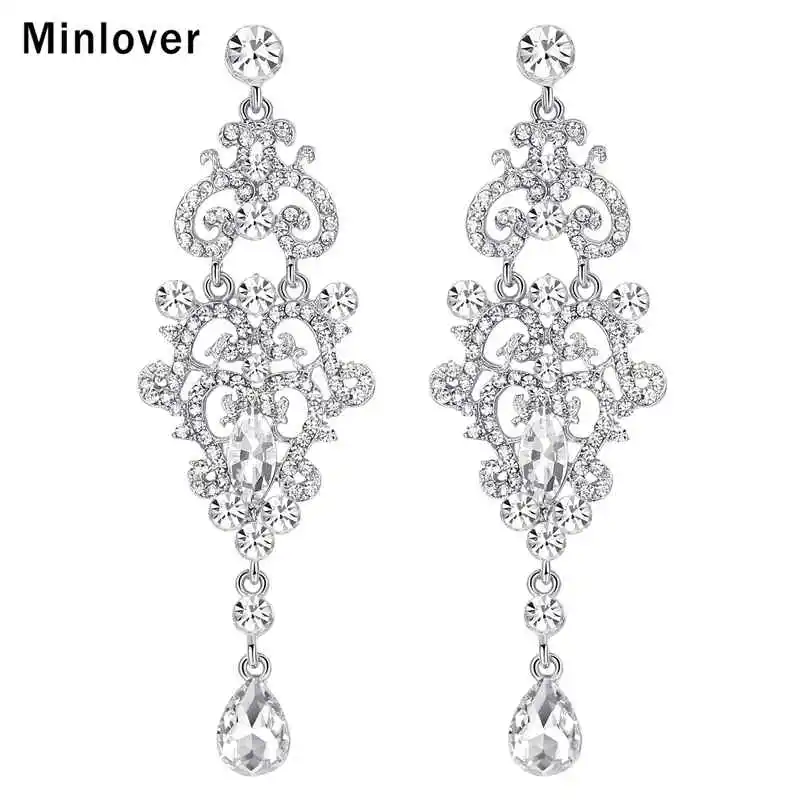 

Женские длинные серьги-капельки Minlover, серебристого цвета, с кристаллами, свадебные украшения, свадебные аксессуары EH189