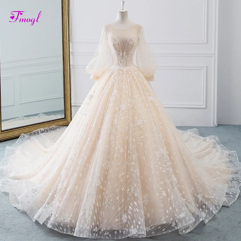 Fmogl Vestido de Noiva свадебное платье трапециевидной формы с круглым вырезом и бусинами