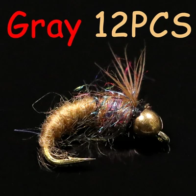 Gray 12pcs ICERIO 12 шт. латунная бусина голова Кадис Нимфа мухи форель нахлыстом приманка#12 - Цвет: Gray 12pcs