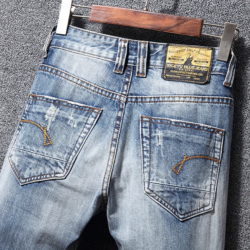 Джинсы мужские в стиле ретро модные уличные синие зауженные рваные джинсы с