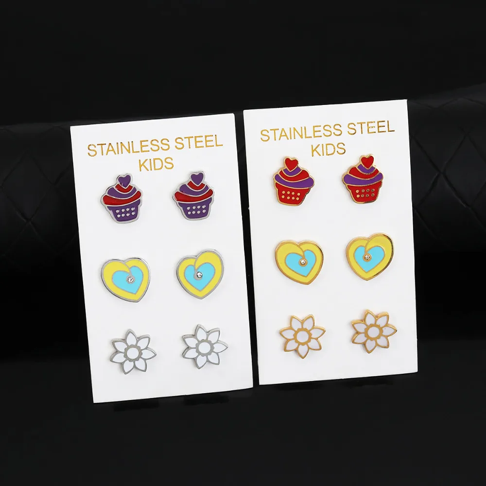 8Seasons Stainless Steel Ear Post Stud Earrings Gold Color Multicolor Cake Heart Enamel Fashion 1 Set ( 3 Pairs/Set) | Украшения и