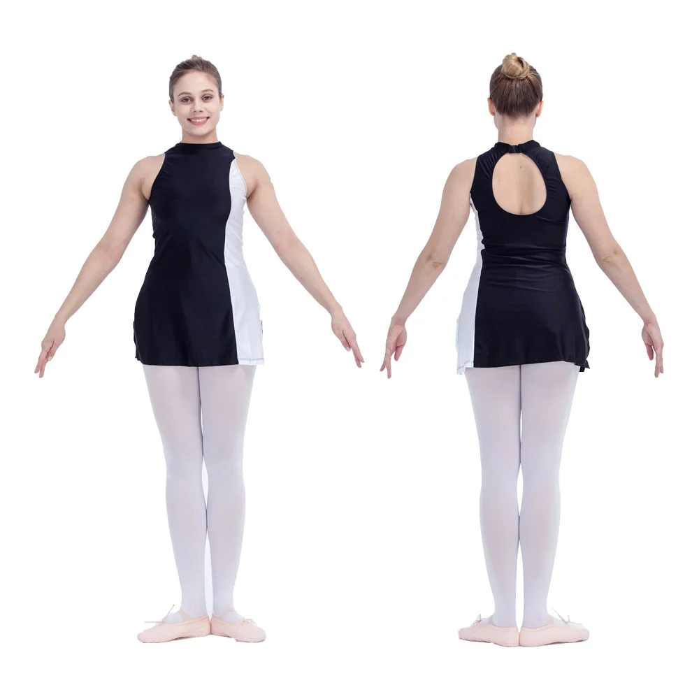 

Adult Girls Two Pieces Outfit Black and White Turtle Neck Sleeveless Dance Dress with Boys Cut Shorts