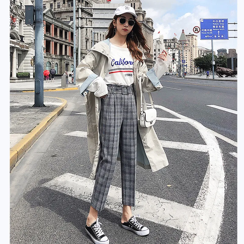 JUJULAND Для женщин брюки Проверено штаны-шаровары в офисном стиле High-waist ankle-длина Штаны повседневные высококачественные ткани 633
