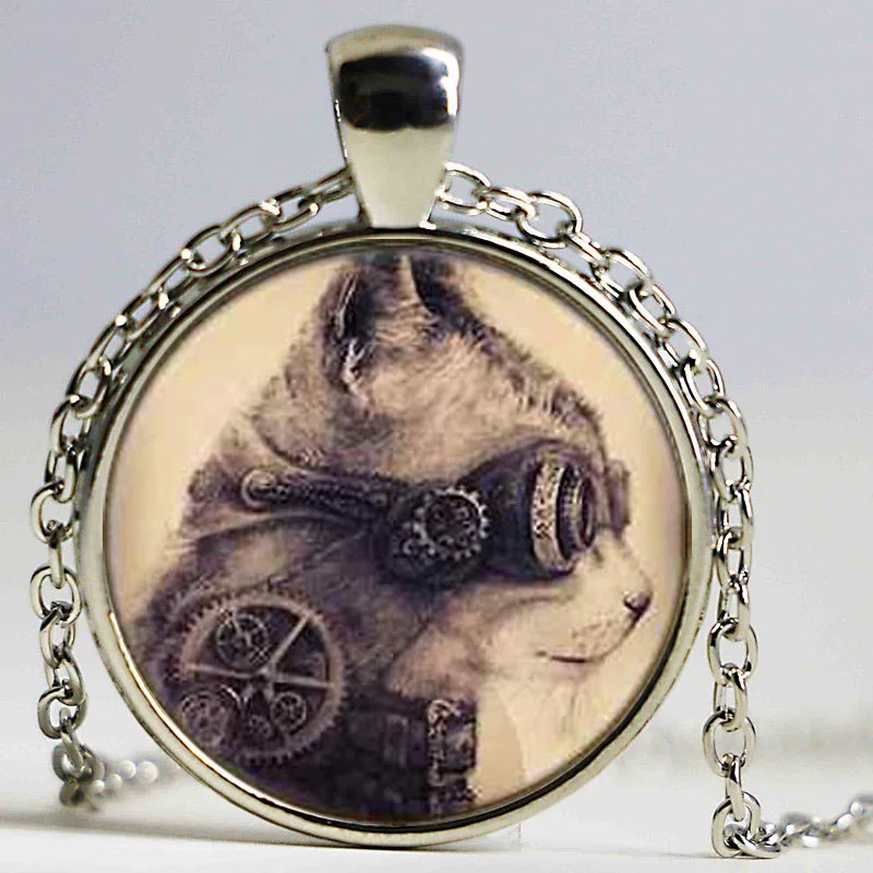 Механическая подвеска в стиле стимпанк с часами и котом из фильма США серебряная