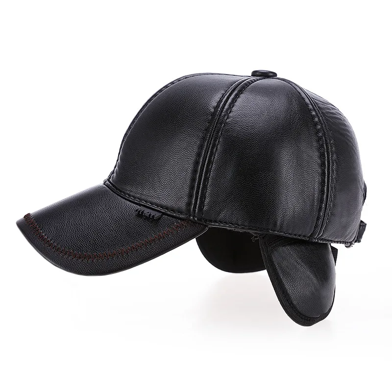 

Man Autumn Black Pu Adjustable Thick Warm Caps Male Winter Solid Casual Hats Men Protection Ear Cap