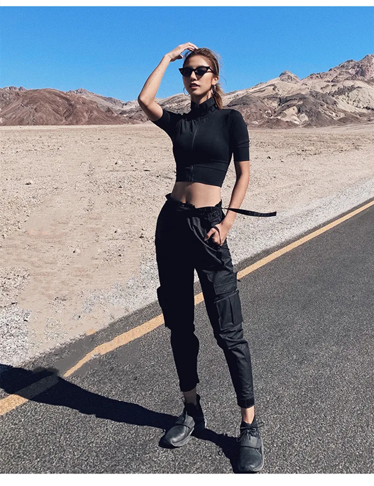 Для женщин летние шорты для йоги топы молния работает футболки Йога Crop Top эластичные Фитнес одежда Топ для тренировок тренажерный зал тугие рубашки