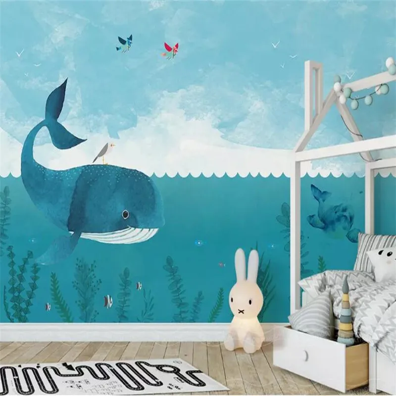 

Original Nordic Simple Cartoon Whale Sea Children's House Background Customized Large Interior Wallpaper Mural 3D Photo Wall