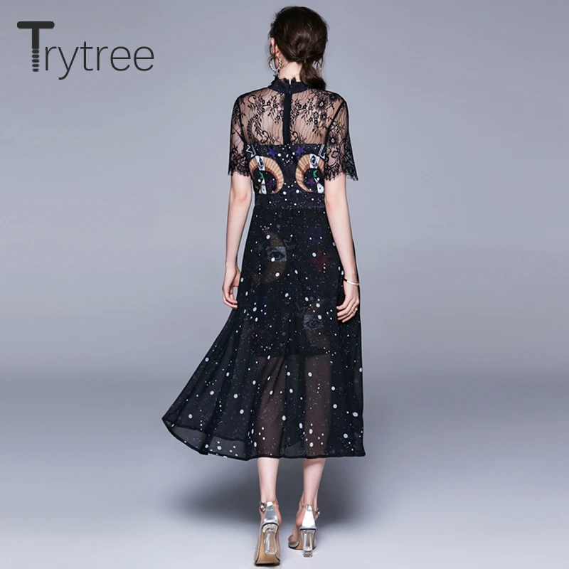 Trytree летнее осеннее платье для женщин со стоячим воротником кружевное лоскутное платье из полиэстера с принтом ТРАПЕЦИЕВИДНОЕ повседневное элегантное платье до середины икры