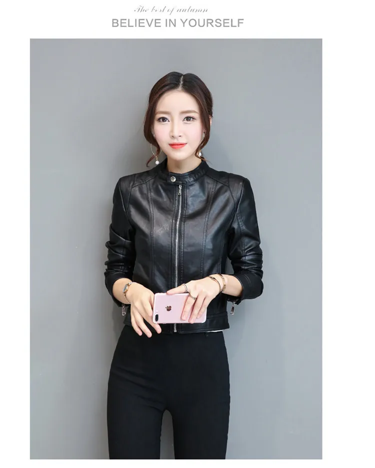 Женские Мотоциклетные Куртки из искусственной кожи Короткие осенние куртки на