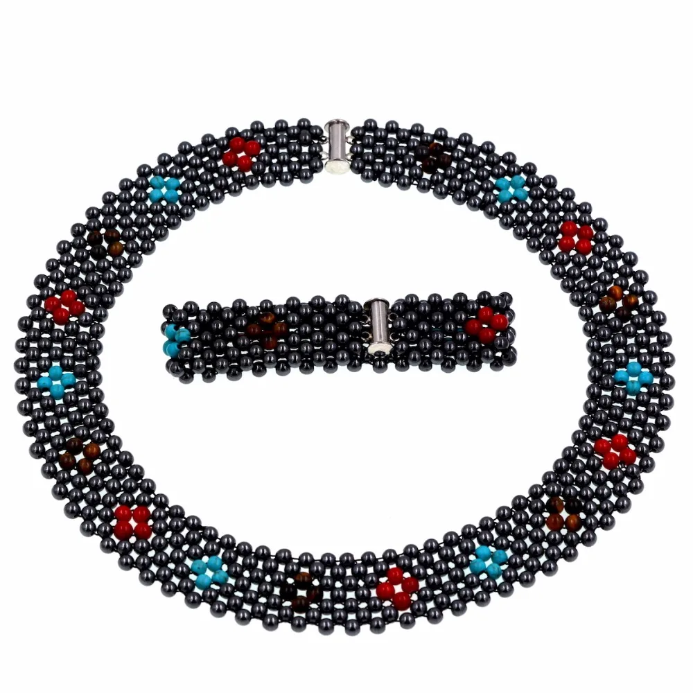 

Fashion jewelry hematite beads woven beaded necklace and bracelet sets
