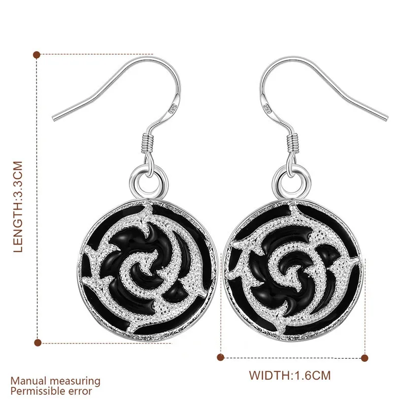 Винтаж цветочным узором серьги круглый эмалевый для женщин посеребренная черный