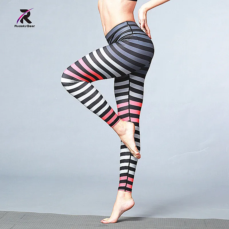 RuoskyGear штаны для йоги с полосатым принтом высокой талией компрессионный широкий