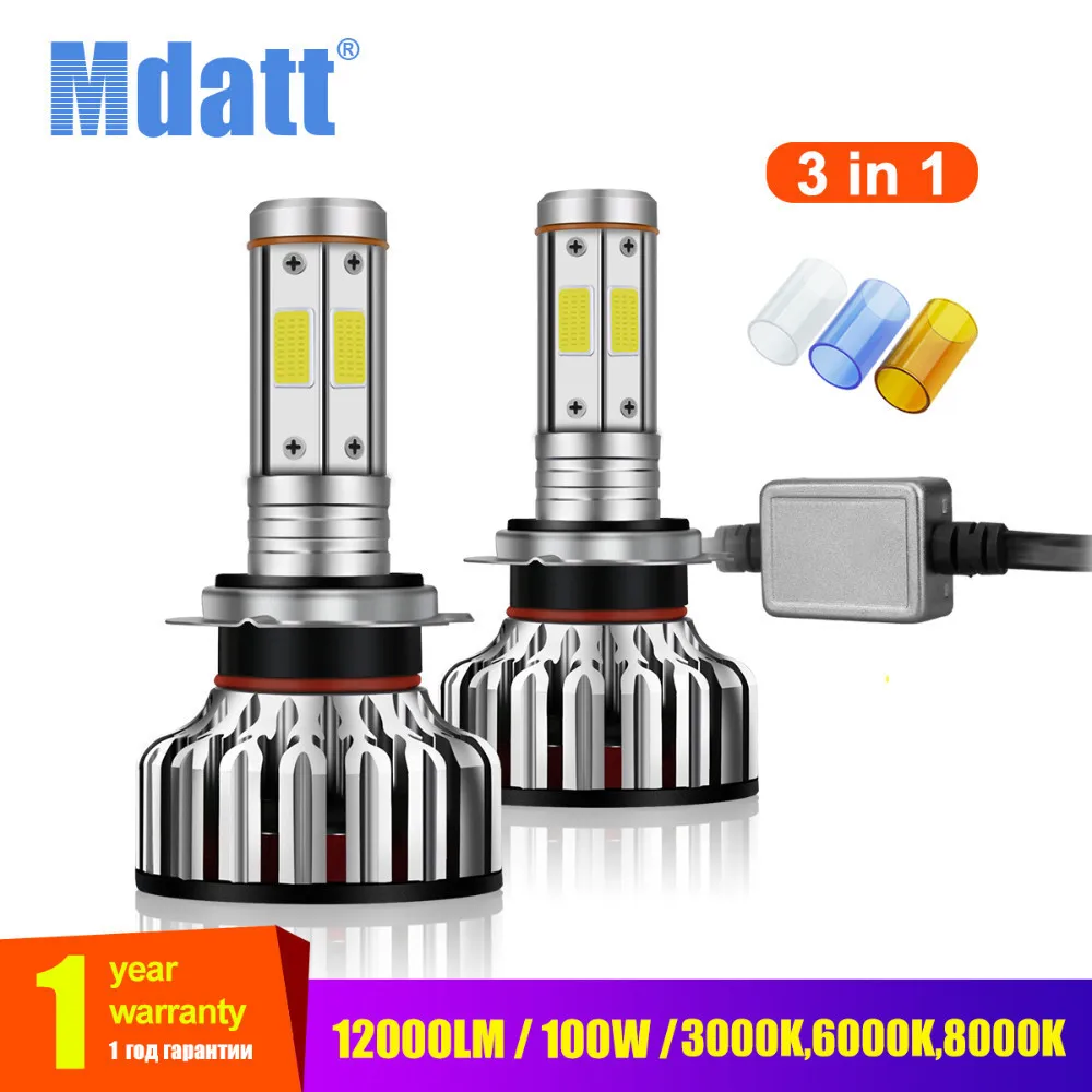 Mdatt 4 боковые автомобильные лампочки COB H1 H7 H4 H11 светодиодные лампы Canbus 12000Lm 100 Вт
