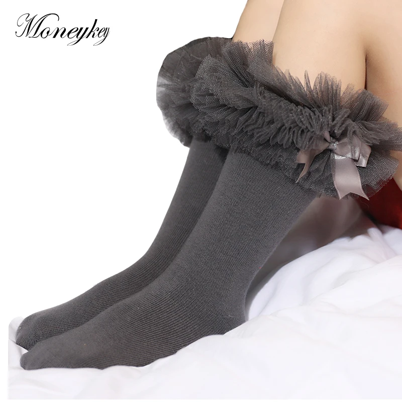 Calcetines hasta la rodilla de algod&oacute;n para ni&ntilde;as peque&ntilde;as, medias de tut&uacute; con lazo de sat&eacute;n de encaje, estilo princesa, con volantes, para ni&ntilde;os peque&ntilde;os de 0 a 4 a&ntilde;os-0