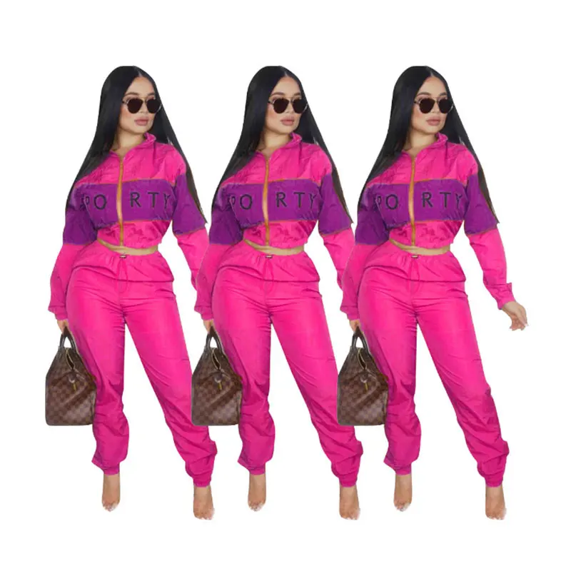 Fuchsia На молнии тренировочный костюм-печворк комплект Для женщин Повседневное куртка с капюшоном и штаны, спортивный костюм для девочек; комплект одежды одежда с длинным рукавом толстовки кофты 2 Двойка - Цвет: Fuchsia