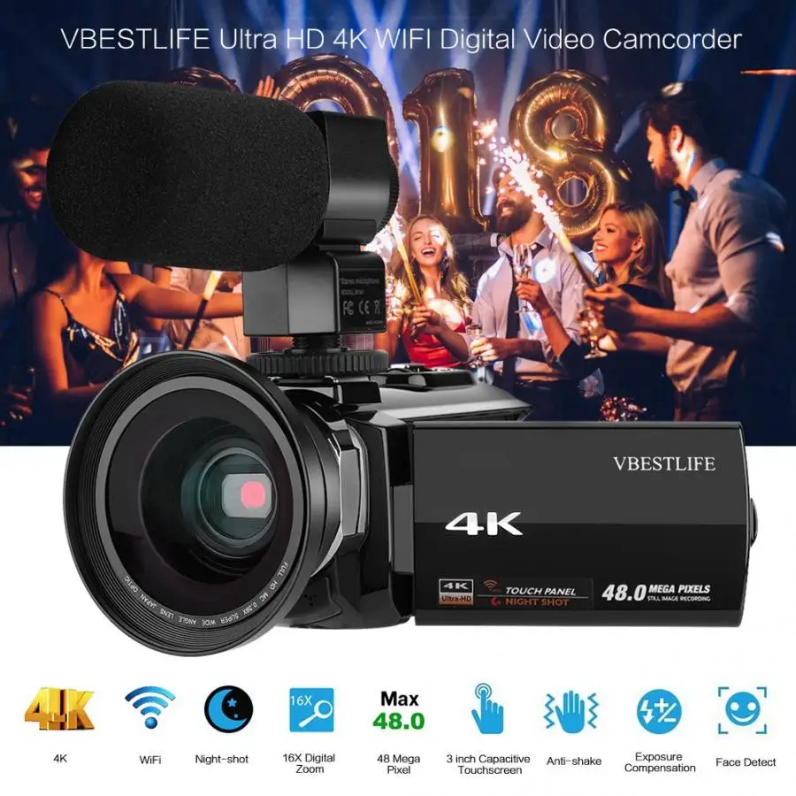 Видео камера 4K 48MP WiFi цифровая видеокамера с широкоугольным макро объективом+ внешний микрофон camara de video